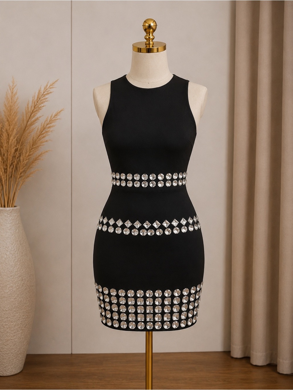Black Rhinestone Bodycon Mini Dress